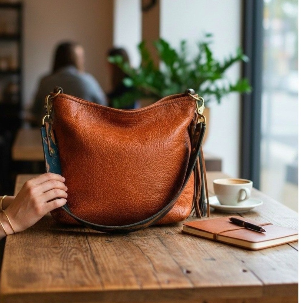 Easten Leathers Handcrafted Cognac Hobo Tote Bag +Dipped Dyed Guitar Style Strap - Picture 5 of 9